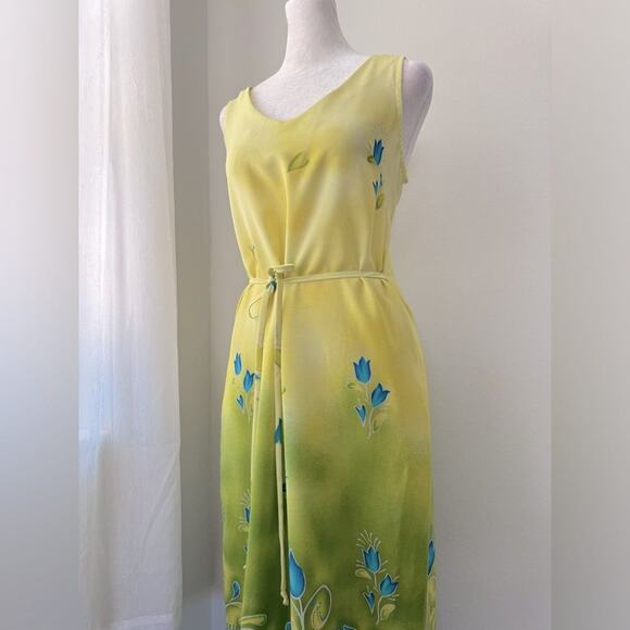 Vintage Y2K California Concepts Yellow Floral Print Sleeveless Belted Maxi Dress - Picture 3 of 8